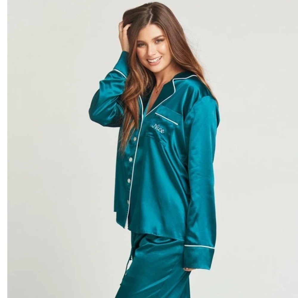 Show me your mumu teal green sayer PJ long sleeve top - nice embroidery